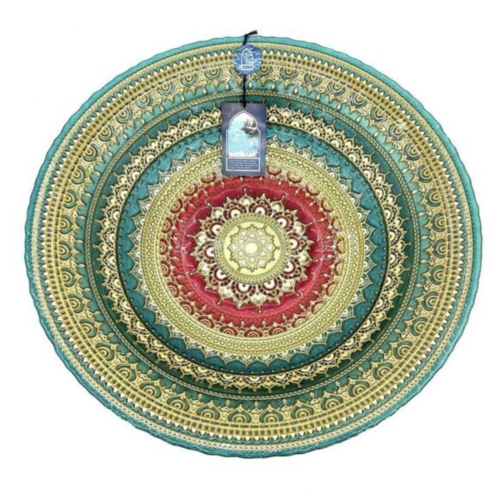 Turkish Glass Round Bowl Dinner Display Green Gold Oriental Lace 16” W XL